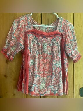 Lucky Brand Coral Paisley Smocked Square-Neck Tunic